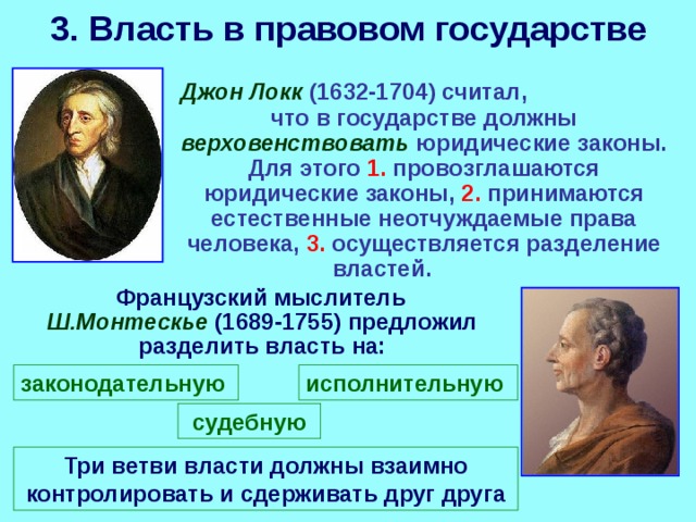 3. Власть в правовом государстве  Джон Локк (1632-1704) считал, что в государстве должны верховенствовать юридические законы. Для этого 1. провозглашаются юридические законы, 2. принимаются естественные неотчуждаемые права человека, 3. осуществляется разделение властей.  Французский мыслитель  Ш.Монтескье  (1689-1755) предложил разделить власть на:  законодательную исполнительную судебную Три ветви власти должны взаимно контролировать и сдерживать друг друга 