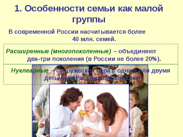 1. Особенности семьи как малой группы В современной России насчитывается более 40 млн. семей. Расширенные (многопоколенные)  – объединяют два-три поколения (в России не более 20%). Нуклеарные  – супружеская пара с одним или двумя детьми (в России большинство). 