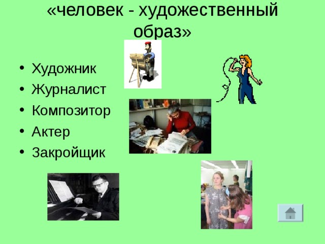 «человек - художественный образ»   Художник Журналист Композитор Актер Закройщик  