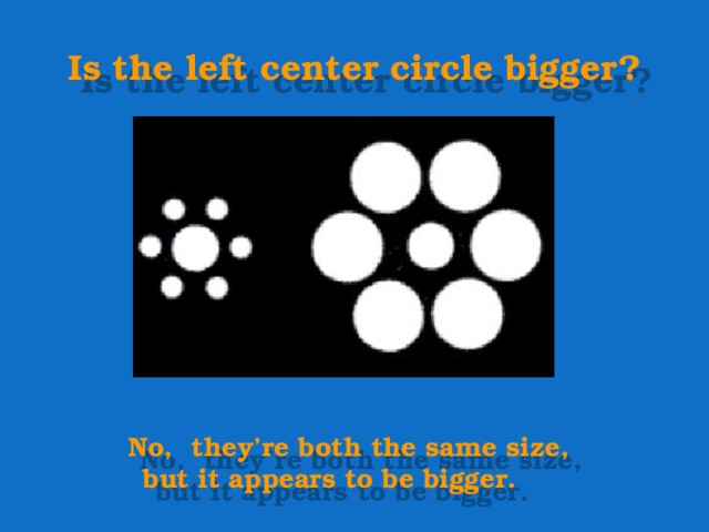 Is the left center circle bigger?  No, they’re both the same size,  but it appears to be bigger. 