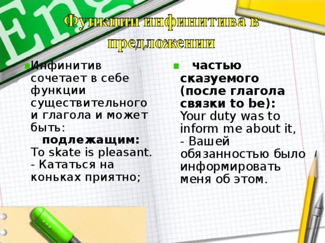 Инфинитив сочетает в себе функции существительного и глагола и может быть:     подлежащим:  То skate is pleasant.   - Кататься на коньках приятно;        частью сказуемого (после глагола связки to be):   Your duty was to inform me about it,   - Вашей обязанностью было информировать меня об этом.    