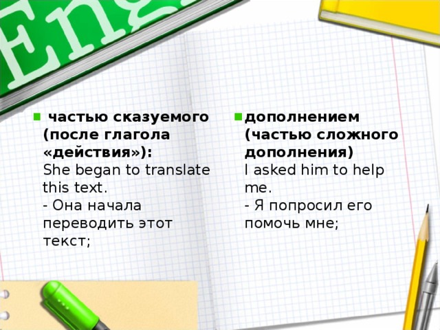   частью сказуемого (после глагола «действия»):  She began to translate this text.   - Она начала переводить этот текст;    дополнением (частью сложного дополнения)  I asked him to help me.   - Я попросил его помочь мне;    