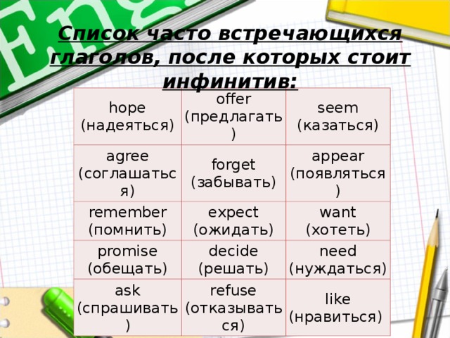 Список часто встречающихся глаголов, после которых стоит инфинитив: hope ( надеяться) offer ( предлагать) agree ( соглашаться) seem ( казаться) forget ( забывать) remember ( помнить) expect ( ожидать) appear ( появляться) promise ( обещать) want ( хотеть) decide ( решать) ask ( спрашивать) refuse ( отказываться) need (нуждаться) like (нравиться)  