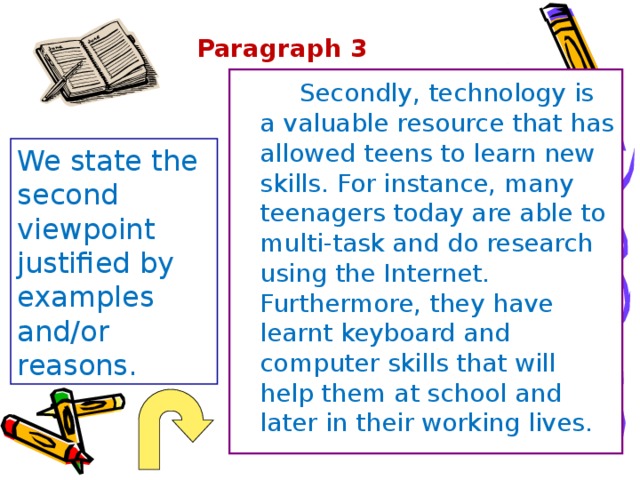 Paragraph 3    Secondly, technology is a valuable resource that has allowed teens to learn new skills. For instance, many teenagers today are able to multi-task and do research using the Internet. Furthermore, they have learnt keyboard and computer skills that will help them at school and later in their working lives. We state the second viewpoint justified by examples and/or reasons. 