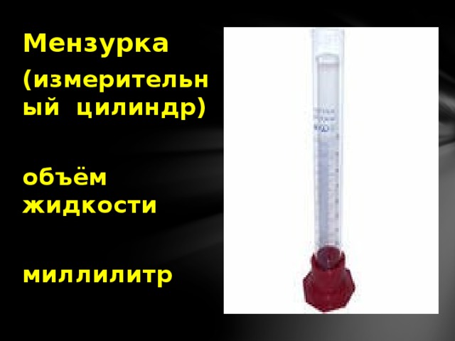 Мензурка (измерительный цилиндр)  объём жидкости  миллилитр 