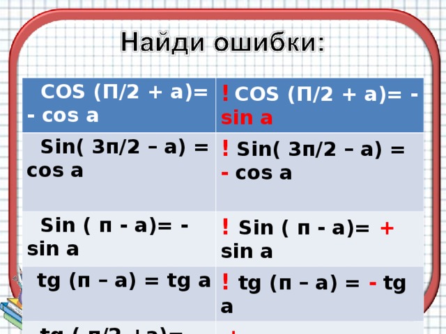  COS ( П/2 + a)= - cos a !  COS ( П/2 + a)= - sin a   Sin( 3 п/2  – а) = со s a !  Sin( 3 п/2  – а) = - со s a  Sin ( п - a)= - sin a  ! Sin ( п - a)= +  sin a  tg (п – а) = tg a ! tg (п – а) = -  tg a  tg ( п/2 +a)= - ctg a  + 