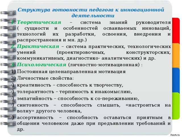 Структура готовности педагога к инновационной деятельности Теоретическая – система знаний руководителя ( сущности и особенностей осваиваемых инноваций, технологий их разработки, освоения, внедрения и распространения и мн. др.) Практическая – система практических, технологических умений (проектировочных, конструкторских, коммуникативных, диагностико- аналитических) и др. Психологическая (личностно-мотивационная) : Постоянная целенаправленная мотивация Личностные свойства: креативность – способность к творчеству, толерантность – терпимость к инакомыслию, эмпатийность – способность к со-переживанию, синтонность – способность слышать, «настроиться на волну» другого человека, ассертивность – способность оставаться приятным в общении человеком даже при предъявлении требований и др. 