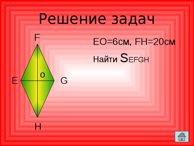 Решение задач F EO=6см, FH=20см Найти S EFGH о E G H 