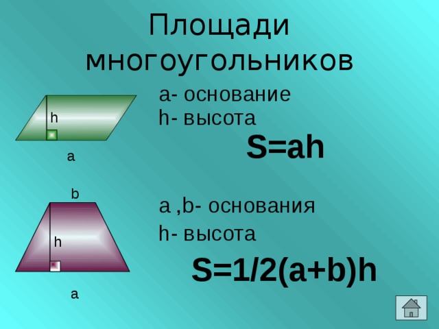Площади многоугольников а- основание h- высота S=ah h a b a ,b- основания h- высота S=1/2(a+b)h h a 