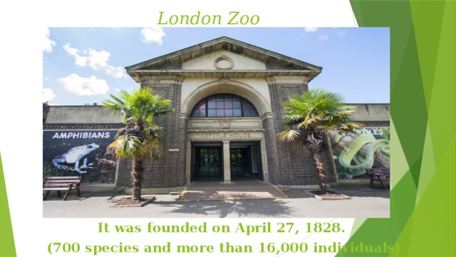 London Zoo It was founded on April 27, 1828. (700 species and more than 16,000 individuals) 