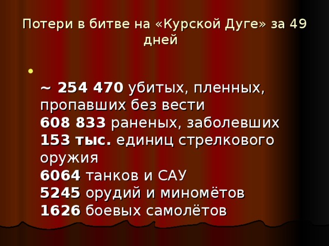 Потери в битве на «Курской Дуге» за 49 дней  ~ 254 470 убитых, пленных, пропавших без вести  608 833 раненых, заболевших  153 тыс. единиц стрелкового оружия  6064 танков и САУ  5245 орудий и миномётов  1626 боевых самолётов 