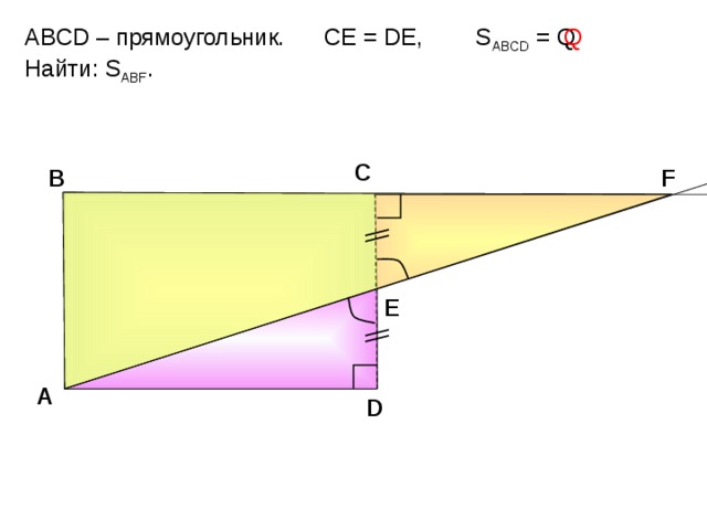 Q ABCD – прямоугольник. СЕ = DE, S ABCD = Q Найти: S ABF . С F В Е Н.Ф. Гаврилова «Поурочные разработки по геометрии: 8 класс» A D 9 