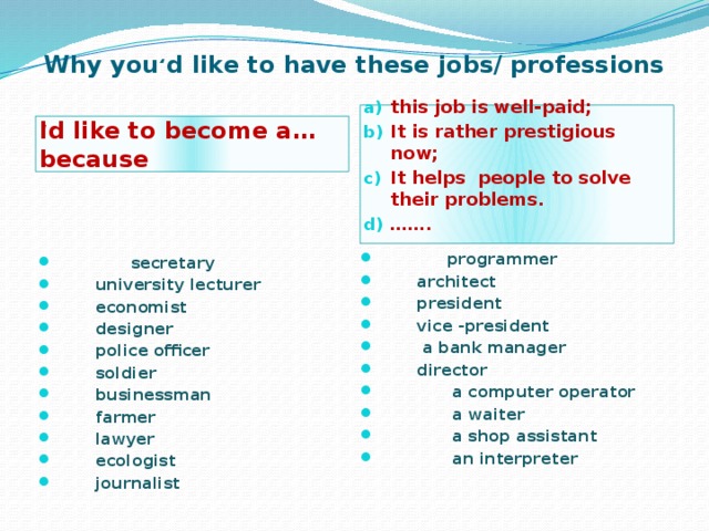 Why you ̒d like to have these jobs/ professions this job is well-paid ; It is rather prestigious now ; It helps people to solve their problems . …… .  I ̒d like to become a… because  secretary     university lecturer    economist     designer     police officer     soldier     businessman     farmer     lawyer     ecologist     journalist     programmer     architect     president     vice -president      a bank manager   director    a computer operator  a waiter  a shop assistant  an interpreter     