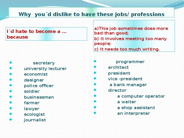 Why you΄d dislike to have these jobs/ professions  a)This job sometimes does more bad than good; b) It involves meeting too many people; c) It needs too much writing.   I ΄d hate to become a … because  secretary     university lecturer    economist     designer     police officer     soldier     businessman     farmer     lawyer     ecologist     journalist     programmer     architect     president     vice -president      a bank manager   director    a computer operator  a waiter  a shop assistant  an interpreter     