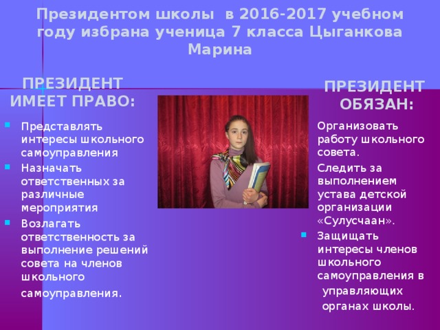 Президентом школы в 2016-2017 учебном году избрана ученица 7 класса Цыганкова Марина ПРЕЗИДЕНТ ИМЕЕТ ПРАВО: ПРЕЗИДЕНТ ОБЯЗАН: Организовать работу школьного совета. Следить за выполнением устава детской организации «Сулусчаан». Защищать интересы членов школьного самоуправления в  управляющих  органах школы. Представлять интересы школьного самоуправления Назначать ответственных за различные мероприятия   Возлагать ответственность за выполнение решений совета на членов школьного самоуправления .  