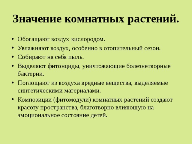 Значение комнатных растений в жизни человека проект