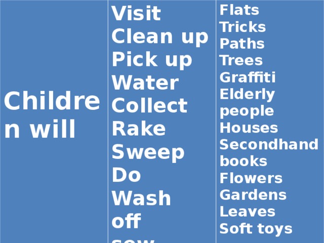    Children will Visit Clean up Pick up Water Collect Rake Sweep Do Wash off sew Flats Tricks Paths Trees Graffiti Elderly people Houses Secondhand books Flowers Gardens Leaves Soft toys 