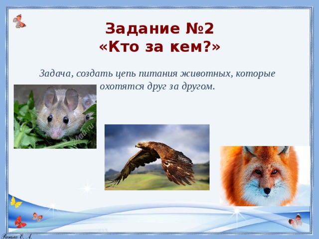 Задание №2  «Кто за кем?» Задача, создать цепь питания животных, которые охотятся друг за другом.