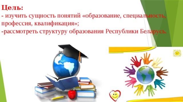Цель:  - изучить сущность понятий «образование, специальность, профессия, квалификация»;  -рассмотреть структуру образования Республики Беларусь. 