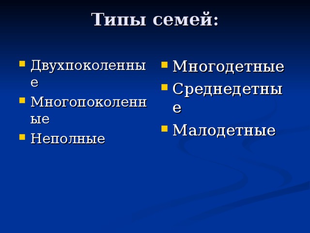 Типы семей:   Двухпоколенные Многопоколенные Неполные Многодетные Среднедетные Малодетные 