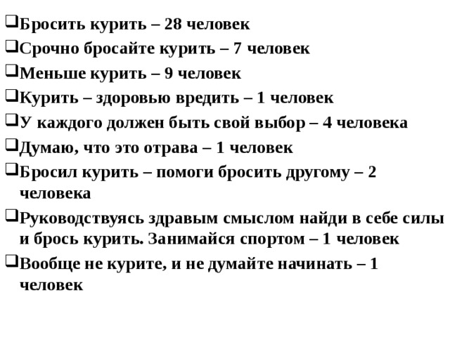 Бросить курить – 28 человек Срочно бросайте курить – 7 человек Меньше курить – 9 человек Курить – здоровью вредить – 1 человек У каждого должен быть свой выбор – 4 человека Думаю, что это отрава – 1 человек Бросил курить – помоги бросить другому – 2 человека Руководствуясь здравым смыслом найди в себе силы и брось курить. Занимайся спортом – 1 человек Вообще не курите, и не думайте начинать – 1 человек