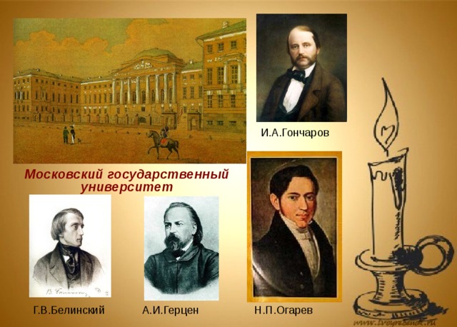 И.А.Гончаров Московский государственный университет Н.П.Огарев Г.В.Белинский А.И.Герцен 