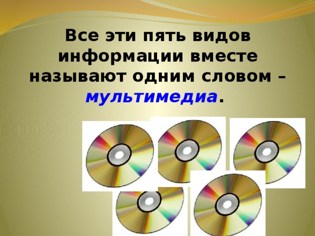 Все эти пять видов информации вместе называют одним словом – мультимедиа . 