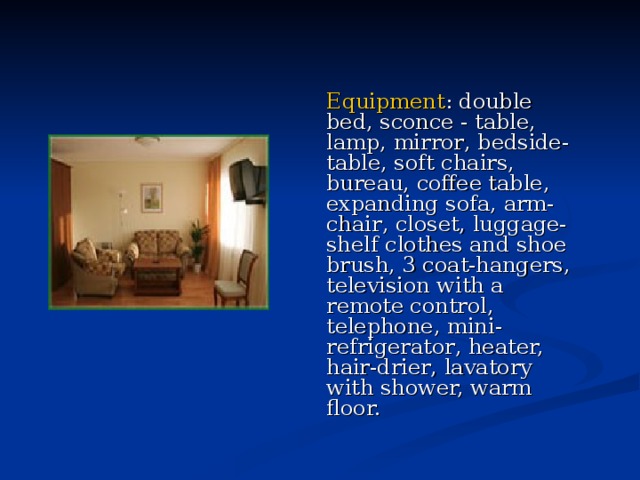 Equipment : double bed, sconce - table, lamp , mirror , bedside-table, soft chairs , bureau, coffee table , expanding sofa, arm-chair , closet, luggage-shelf clothes and shoe brush, 3 coat-hangers, television with a remote control, telephone , mini-refrigerator , heater, hair-drier , lavatory with shower, warm floor. 