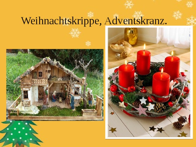 Weihnachtskrippe, Adventskranz. 