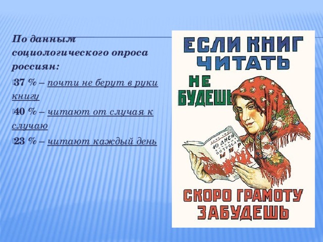 По данным социологического опроса россиян: 37 % – почти не берут в руки книгу 40 % – читают от случая к случаю 23 % – читают каждый день   