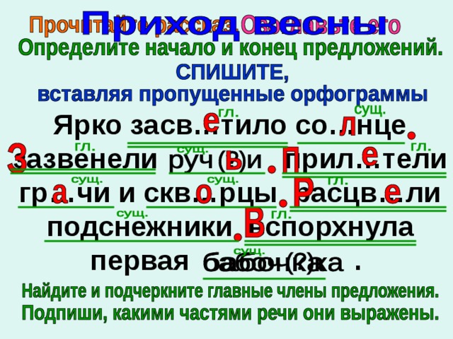   Ярко засв…тило со…нце зазвенели руч(?)и прил…тели гр…чи и скв…рцы расцв…ли подснежники вспорхнула первая .  