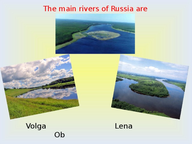 The main rivers of Russia are  Volga Lena Ob 