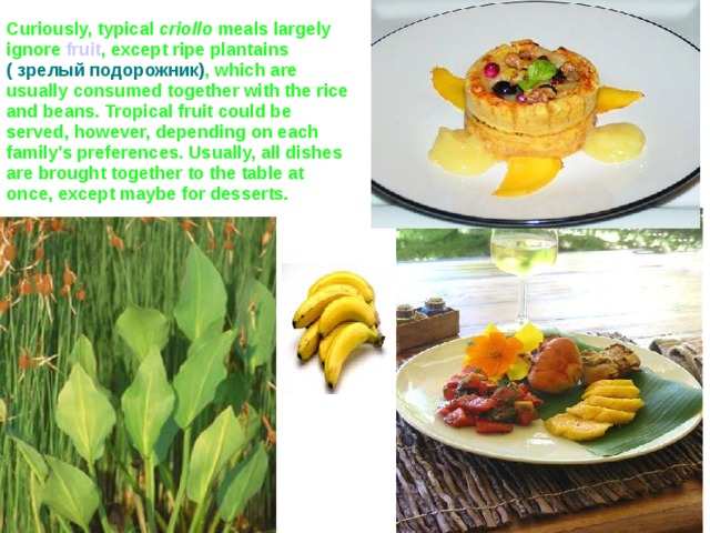 Curiously, typical criollo meals largely ignore fruit , except ripe plantains ( зрелый подорожник) , which are usually consumed together with the rice and beans. Tropical fruit could be served, however, depending on each family's preferences. Usually, all dishes are brought together to the table at once, except maybe for desserts.  