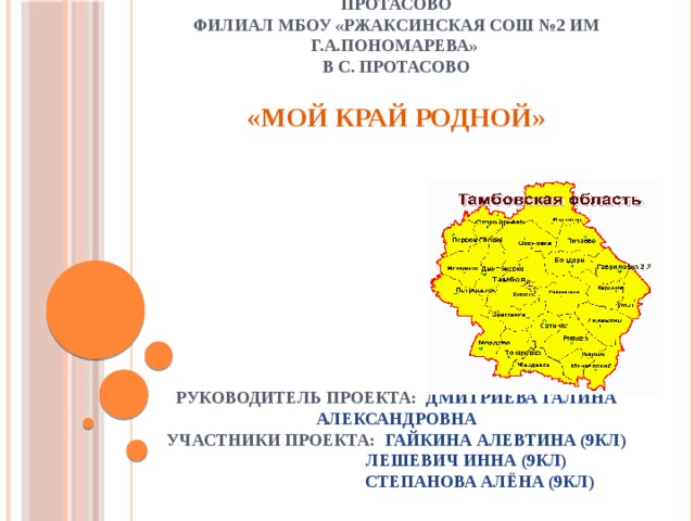Тамбовская область Ржаксинский район село Протасово  Филиал МБОУ «Ржаксинская СОШ №2 им Г.А.Пономарева»  в с. Протасово   «Мой край родной»             Руководитель проекта: Дмитриева Галина Александровна  Участники проекта: Гайкина Алевтина (9кл)  Лешевич Инна (9кл)  Степанова Алёна (9кл) 