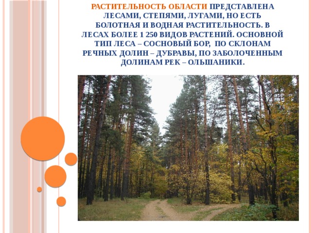 Растительность области представлена лесами, степями, лугами, но есть болотная и водная растительность. В лесах более 1 250 видов растений. Основной тип леса – сосновый бор, по склонам речных долин – дубравы, по заболоченным долинам рек – ольшаники.  