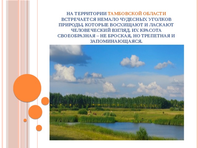 На территории Тамбовской области встречается немало чудесных уголков природы, которые восхищают и ласкают человеческий взгляд. Их красота своеобразная – не броская, но трепетная и запоминающаяся. 