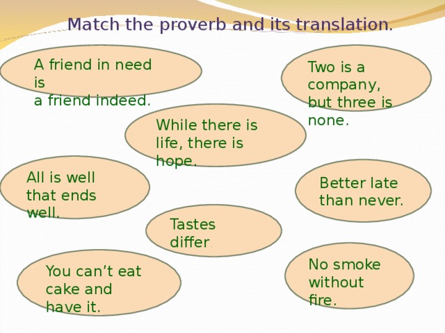 Match the proverb and its translation. A friend in need is a friend indeed. Two is a company, but three is none. While there is life, there is hope. All is well that ends well. Better late than never. Tastes differ . No smoke without fire. You can’t eat cake and have it. 