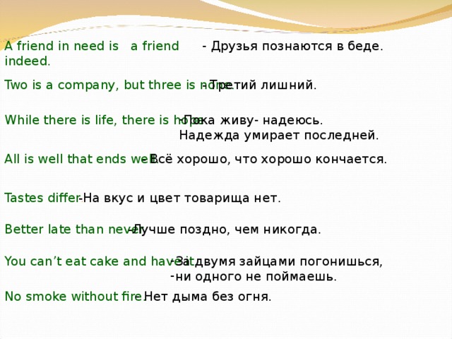 A friend in need is  a friend indeed. - Друзья познаются в беде. Two is a company, but three is none. - Третий лишний. While there is life, there is hope. Пока живу- надеюсь. Надежда умирает последней. All is well that ends well. - Всё хорошо, что хорошо кончается. Tastes differ . - На вкус и цвет товарища нет. Better late than never. - Лучше поздно, чем никогда. You can’t eat cake and have it. За двумя зайцами погонишься, ни одного не поймаешь. No smoke without fire. - Нет дыма без огня. 