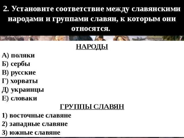 2. Установите соответствие между славянскими народами и группами славян, к которым они относятся. НАРОДЫ A) поляки  Б) сербы  B) русские  Г) хорваты Д) украинцы Е) словаки ГРУППЫ СЛАВЯН 1) восточные славяне 2) западные славяне 3) южные славяне 