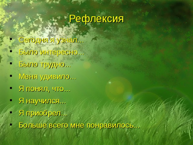 Рефлексия  Сегодня я узнал...  Было интересно...  Было трудно...  Меня удивило...  Я понял, что...  Я научился...  Я приобрел...  Больше всего мне понравилось... 