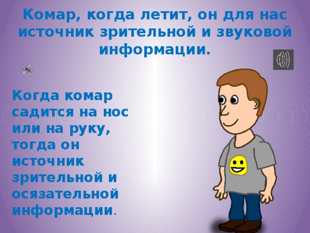 Комар, когда летит, он для нас источник зрительной и звуковой информации. Когда комар садится на нос или на руку, тогда он источник зрительной и осязательной информации .