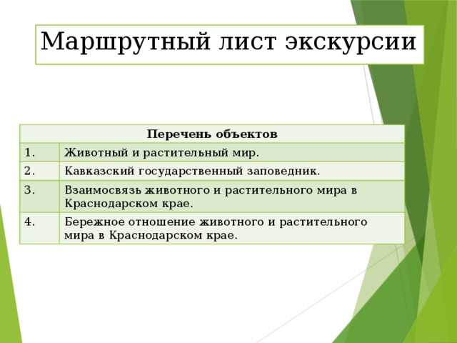 Маршрутный лист экскурсии Перечень объектов 1. Животный и растительный мир. 2. Кавказский государственный заповедник. 3. Взаимосвязь животного и растительного мира в Краснодарском крае. 4. Бережное отношение животного и растительного мира в Краснодарском крае. 