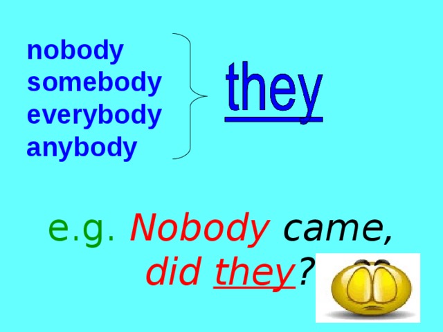 nobody  somebody  everybody  anybody e.g.  Nobody came, did they ? 