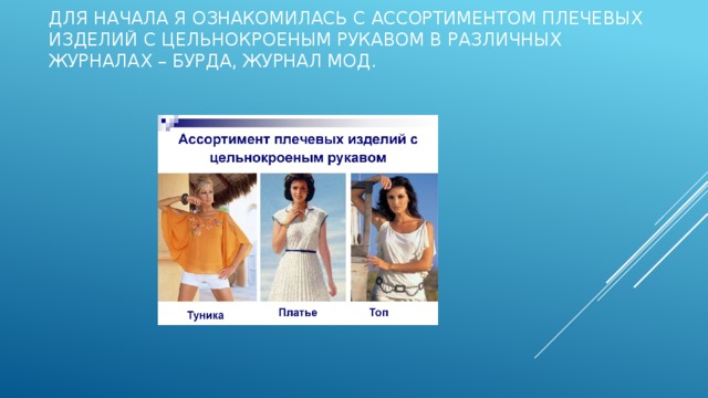 Для начала я ознакомилась с ассортиментом плечевых изделий с цельнокроеным рукавом в различных журналах – Бурда, Журнал мод .