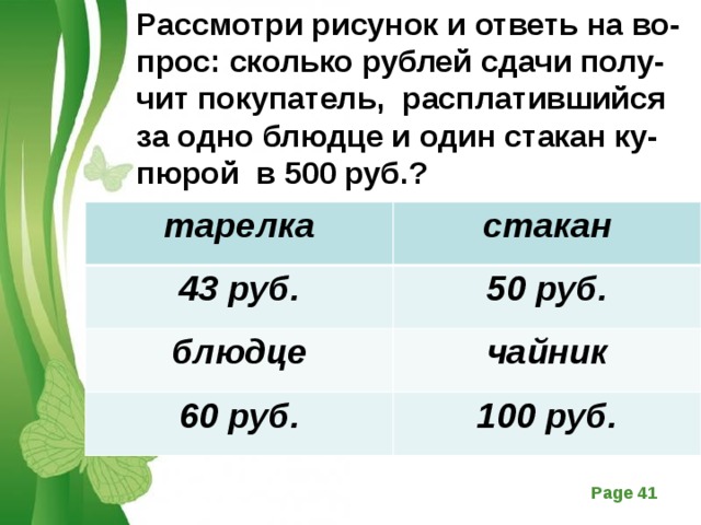 Рассмотрите рисунок и ответь на вопрос сколько рублей сдачи получит покупатель расплатившийся за