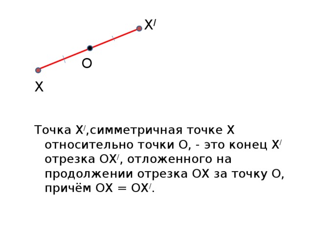 Х / О Х  Точка Х / ,симметричная точке Х относительно точки О, - это конец Х / отрезка ОХ / , отложенного на продолжении отрезка ОХ за точку О, причём ОХ = ОХ / . 