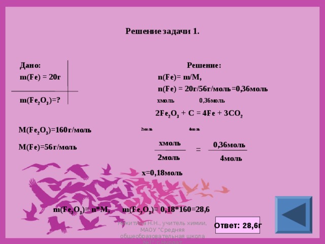 Решение задачи 1. Дано: Решение: m(Fe) = 20 г n(Fe)= m/M ,  n(Fe) = 20 г/56г/моль=0,36моль m(Fe 2 O 3 ) =? хмоль 0,36моль  2 Fe 2 O 3 + C = 4Fe + 3CO 2  2 моль 4моль       M(Fe 2 O 3 )=160 г/моль хмоль 0,36моль M(Fe)=56 г/моль = 2моль 2моль 4моль х=0,18моль m(Fe 2 O 3 )= n*M, m(Fe 2 O 3 )= 0,18*160=28,6 Ответ: 28,6г Никитина Н.Н., учитель химии, МАОУ 