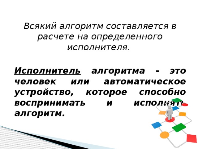 Всякий алгоритм составляется в расчете на определенного исполнителя.  Исполнитель алгоритма - это человек или автоматическое устройство, которое способно воспринимать и исполнять алгоритм. 