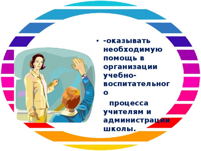 -оказывать необходимую помощь в организации учебно-воспитательного  процесса учителям и администрации школы.  