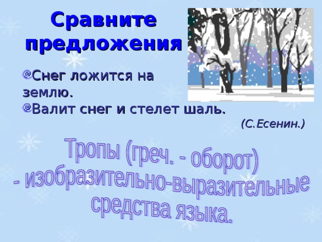 Сравните предложения   Снег ложится на землю. Валит снег и стелет шаль. (С.Есенин.)